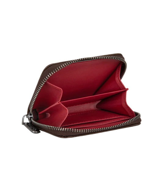 Interior view of the women's coffee brown faux leather wallet featuring the compact design with 2 interior compartments and 2 card slots