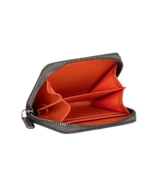 Interior view of the women's faux leather grey compact card holder wallet featuring the 2 interior compartments and 2 card slots