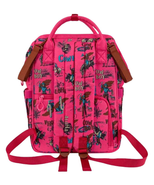 Back view of the dark pink cowboy printed diaper bag backpack featuring the back zipper pocket and nylon stroller/luggage straps