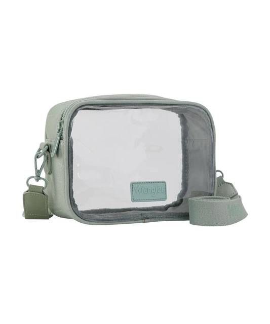 Side view of the women's clear and green crossbody stadium bag featuring the top zipper closure, removable/adjustable green canvas crossbody strap