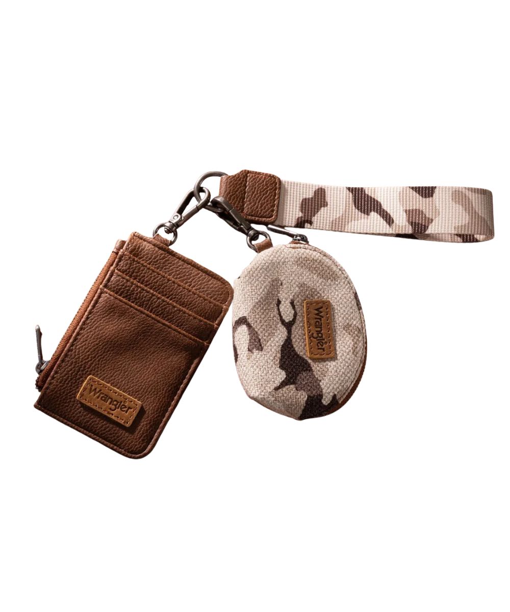 Wrangler Dual Pouch Wristlet set in brown camo featuring the square card case wallet and a semi-circular coin purse
