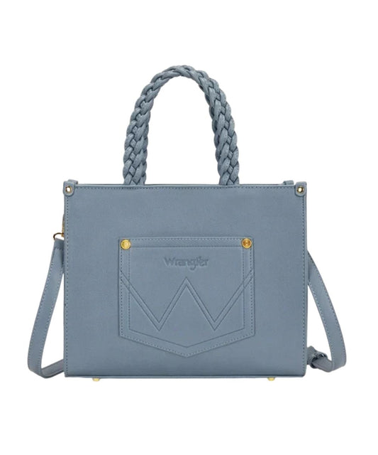 Back view of the open back slip pocket-design, solid light blue back side, and the removable/adjustable shoulder strap