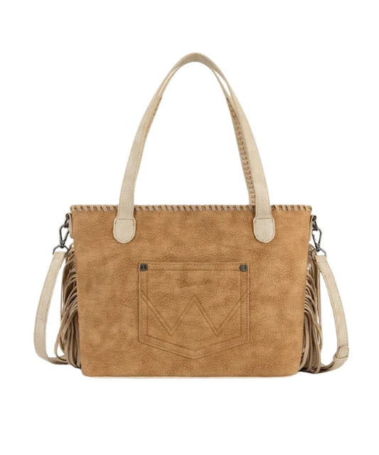 Back view of the women's brown faux leather tote bag featuring the open slip pocket on the back