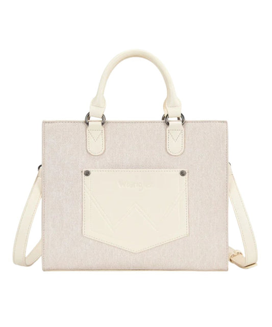 Back view of the women's tan denim tote bag featuring an open pocket on the back