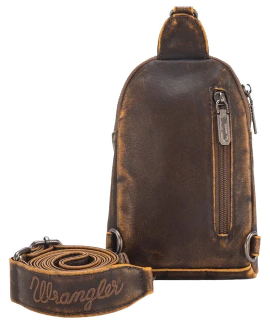 Back view of the women's coffee brown faux leather sling/crossbody/chest bag featuring the zipper pocket on the back