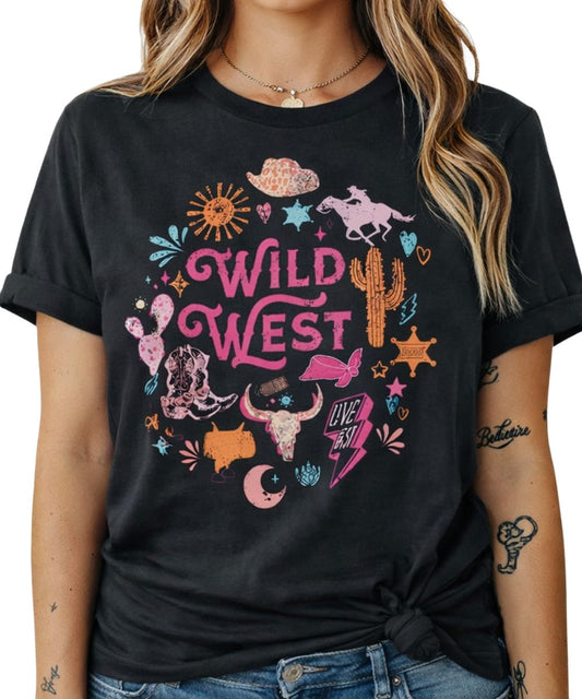 Front view of the women's short sleeve black tee featuring a front screen print that reads: "Wild West" with western graphics