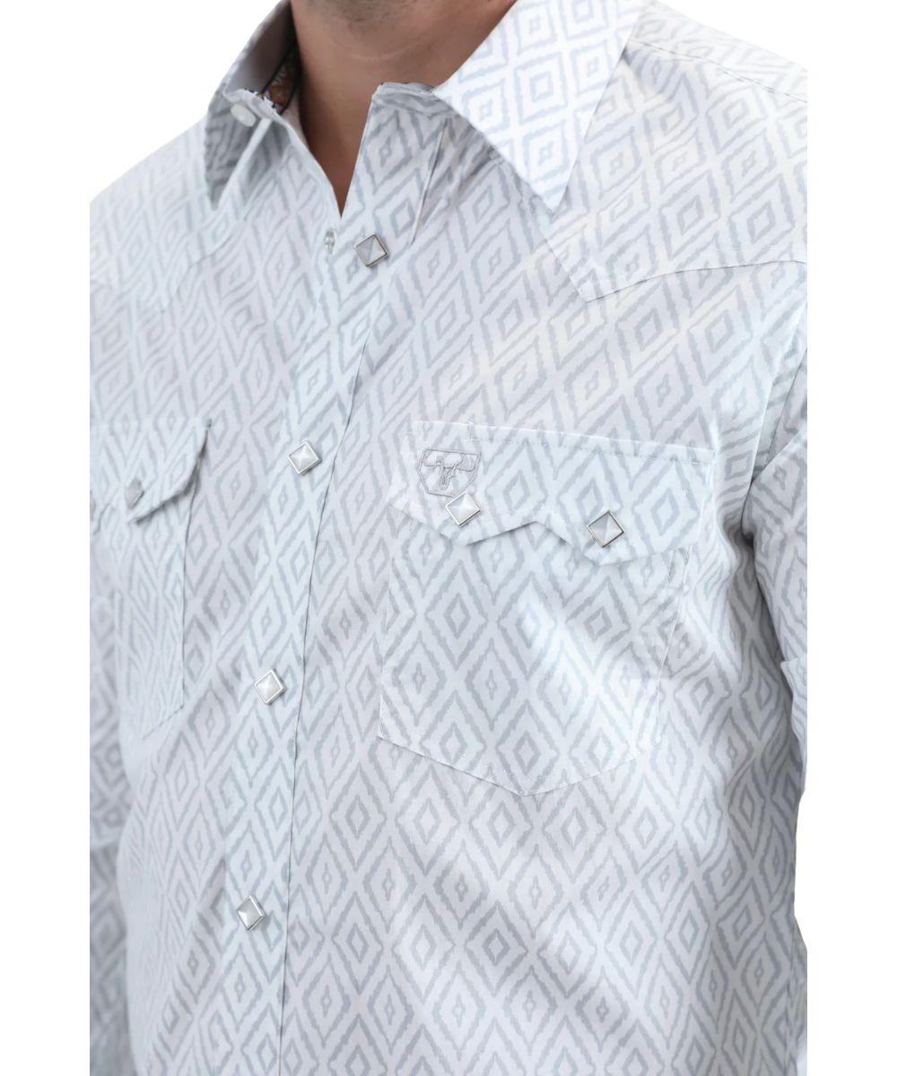 Platini Men's White Geometric Western Snap Shirt