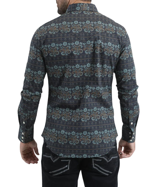Men's Black Long Sleeve Shirt Featuring A Gold Floral Geometric Print And Western Yokes