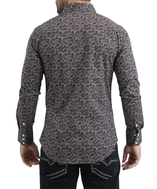 Back view of the men's black long sleeve snap shirt featuring the modern fit and single point western yoke