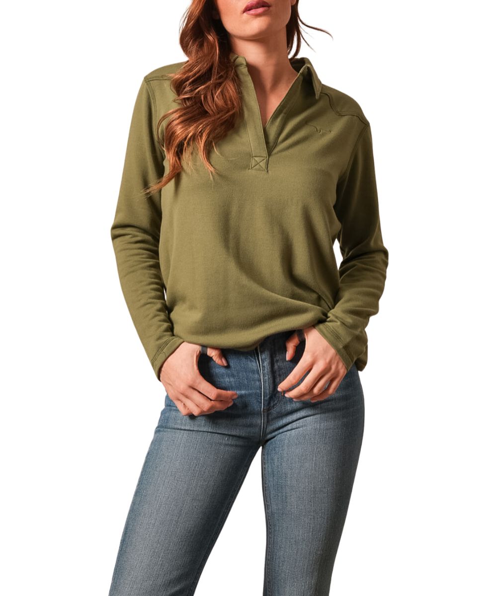 Front view of the women's moss green Kimes Ranch long sleeve pullover featuring the solid print, spread collar, v-neckline, longhorn logo embroidery at the left chest, single point front yokes, and lightweight textured fabric