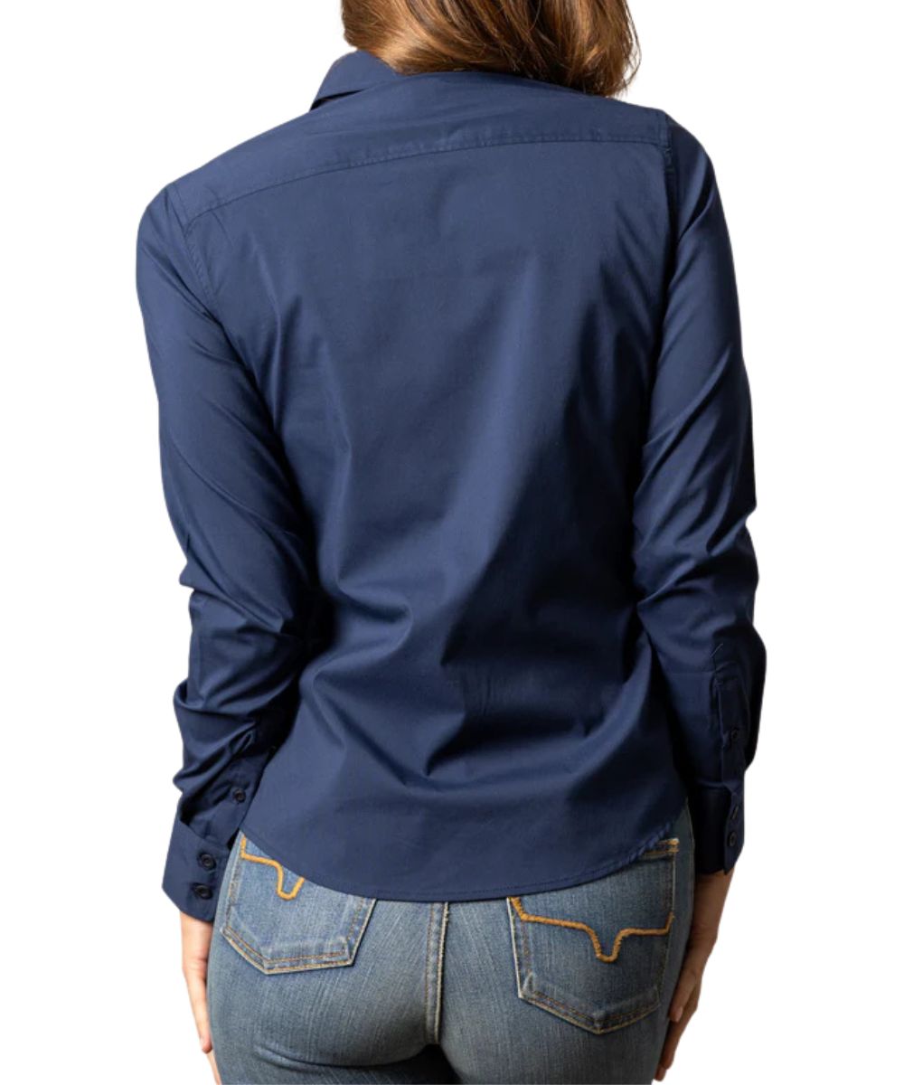 Women's Solid Print Navy Long Sleeve Western Team Shirt Featuring A Straight Back Yoke