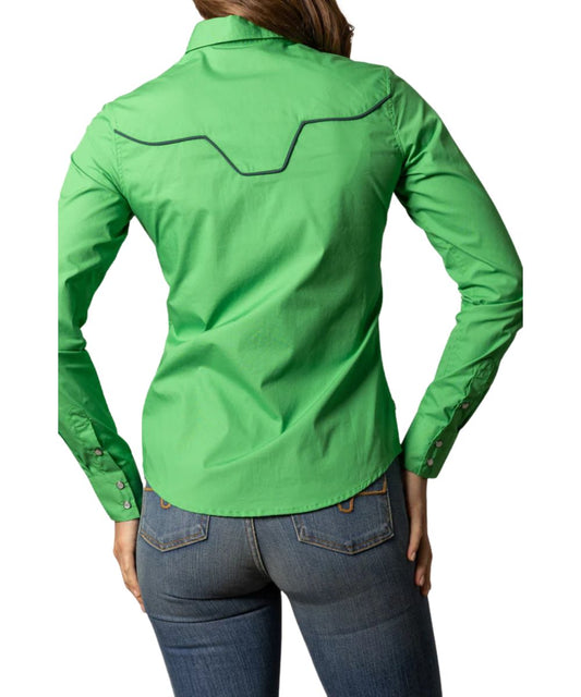 Back View Of The Women's Kelly Green Long Sleeve Western Snap Shirt