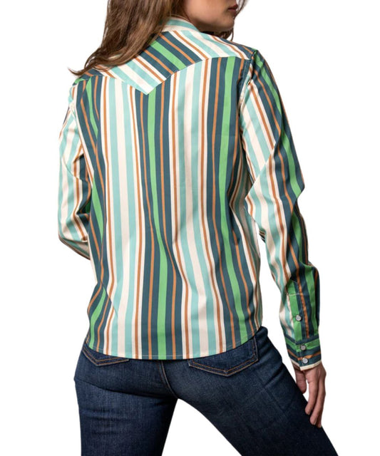 Women's Long Sleeve Western Snap Shirt Featuring Single Point Western Yokes And A Bold Teal Striped Print