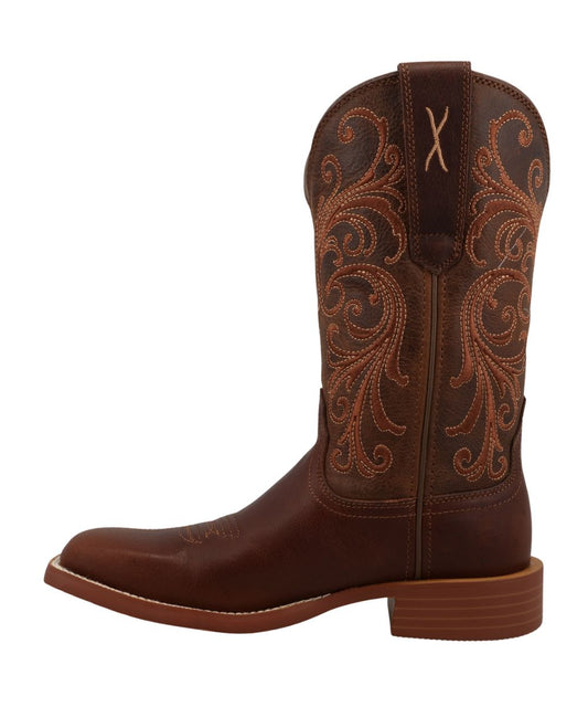 Left side view of the women's 11" western boot featuring the hidden gusset under the pull tab for calf stretch
