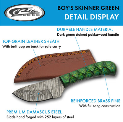 Double D Hunting Sanz Green Damascus Grooved Wood Handle Skinner Knife