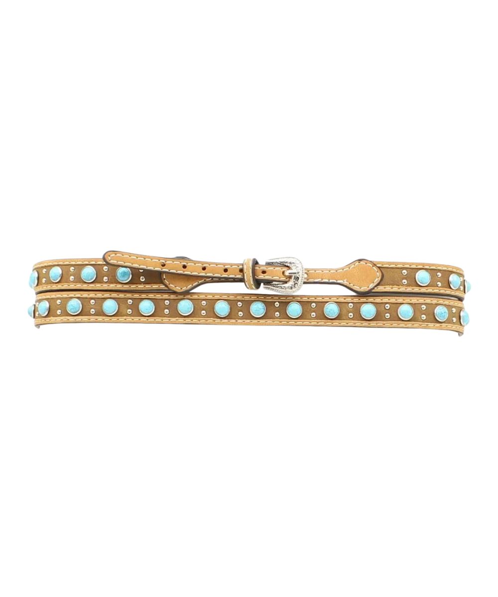 M&F Western medium brown leather hat band with turquoise stones and silver studs with a belt-style adjustable closure and a silver buckle