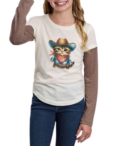Front view of the girl's white/cream Roper long sleeve tee featuring the double-layered brown sleeves, scoop neckline, and the front screen-printed western cat graphic