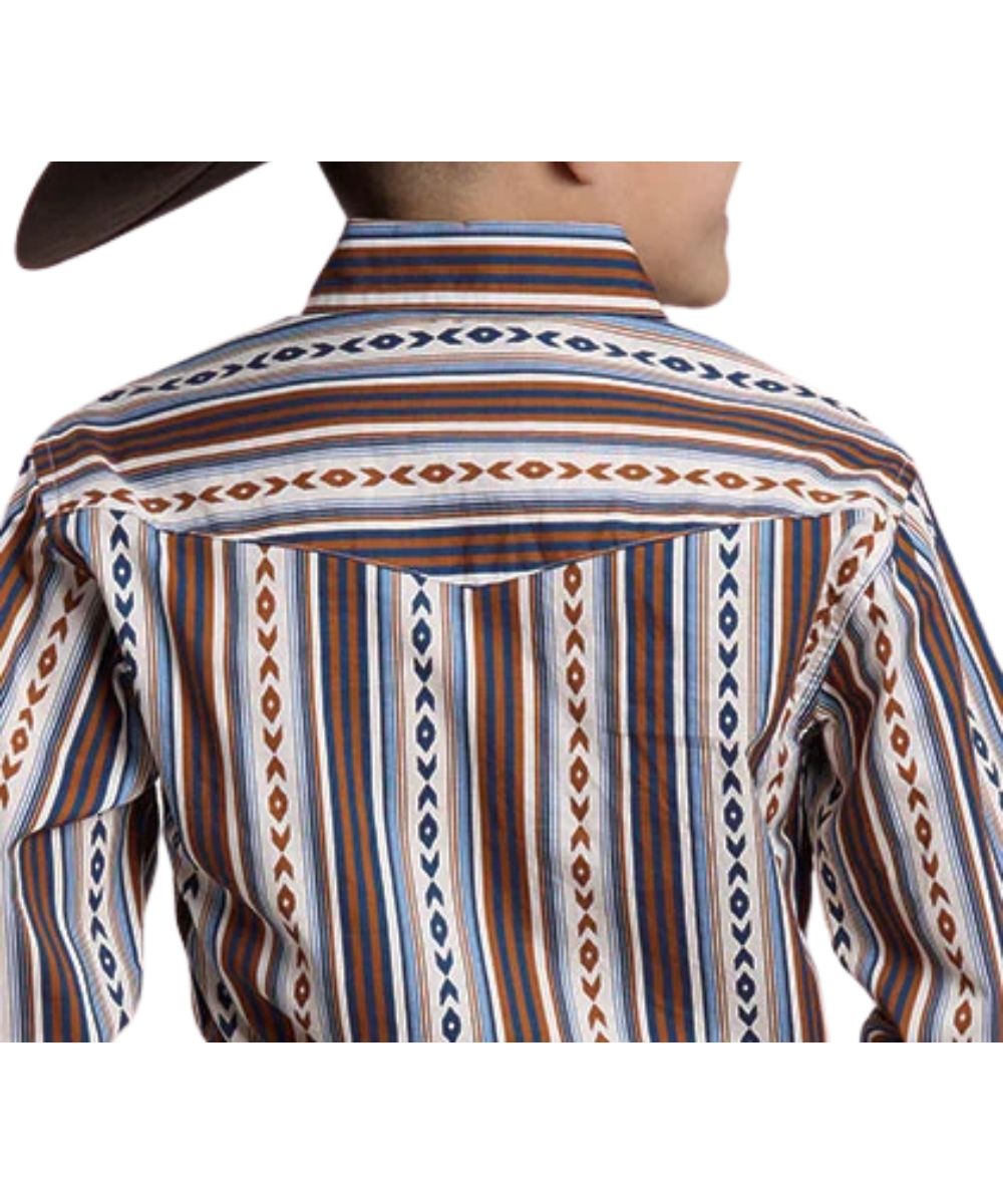 Close-up back view of the boy's blue long sleeve snap shirt featuring the vintage aztec striped print and western yokes