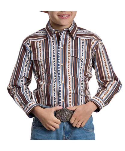 Front view of the boy's Roper long sleeve western snap shirt featuring the opaque snaps, chest pockets, and western yokes