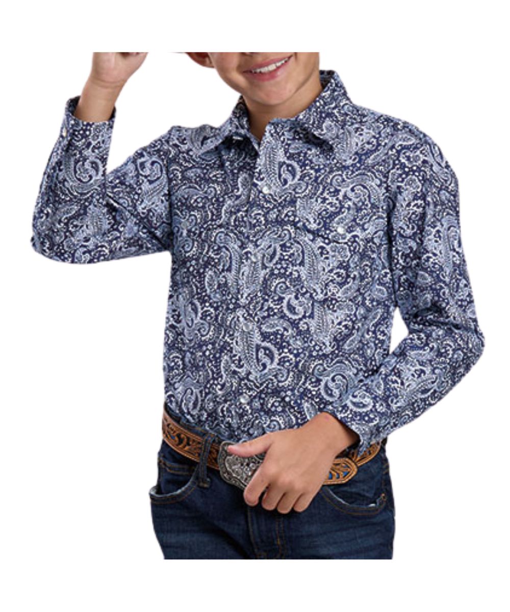 Front view of the boy's long sleeve western snap shirt featuring a blue paisley print