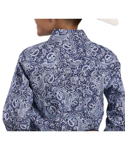 Back view of the boy's blue paisley western snap shirt featuring the western yokes