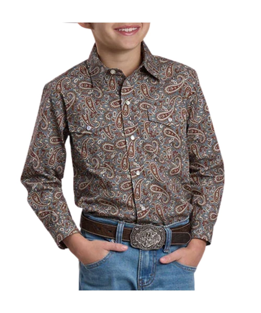 Front view of the boy's grey Roper long sleeve western snap shirt featuring the spread collar, snap flap chest pockets, one-snap cuffs, and the sandstone paisley print