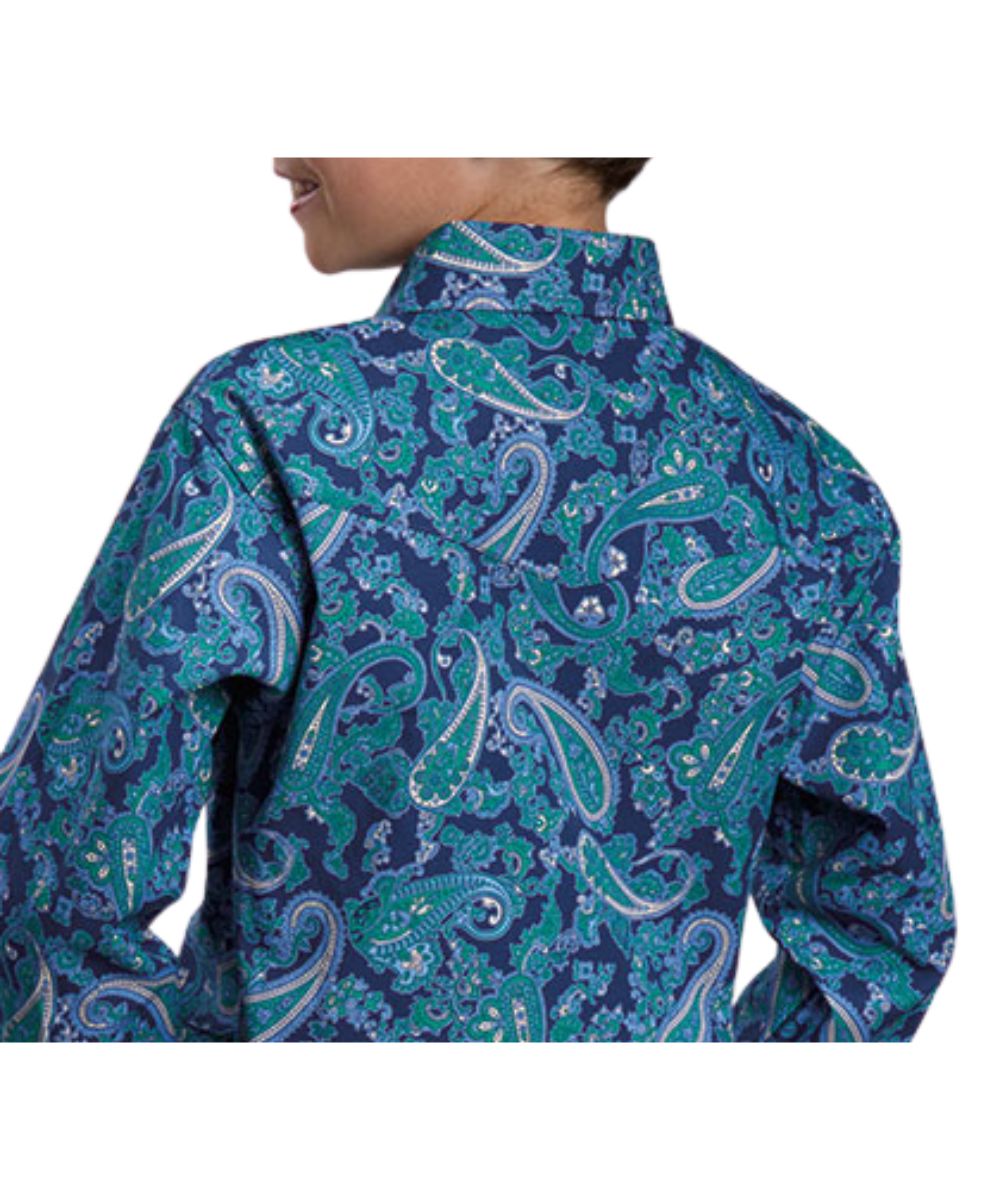Back view of the boy's blue long sleeve snap shirt featuring the western yoke and paisley print