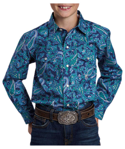Front view of the boy's Roper blue long sleeve snap shirt featuring the chest pockets, spread collar, and deep sea medallion paisley print