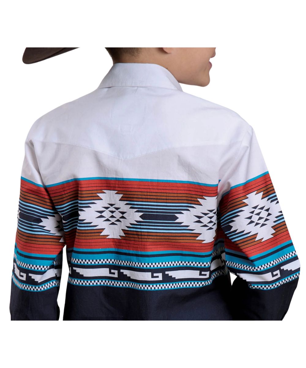 Back view of the boy's white and blue long sleeve snap shirt featuring the horizontal aztec ombre print and single point back yoke