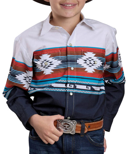 Front view of the boy's white and blue Roper aztec ombre border snap shirt featuring the long sleeves, chest pockets, and border print