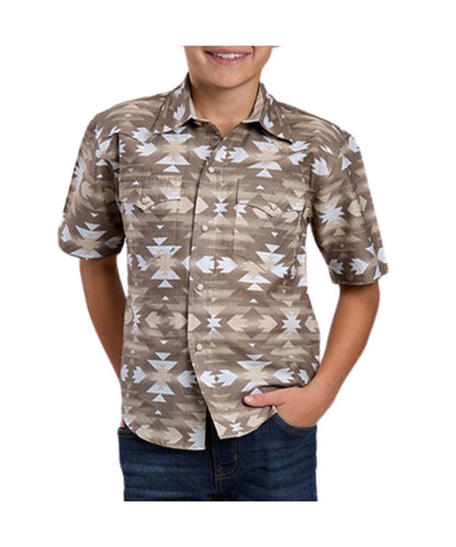 Front view of the boy's short sleeve snap shirt featuring opaque snaps, western yokes, and single point snap flap chest pockets