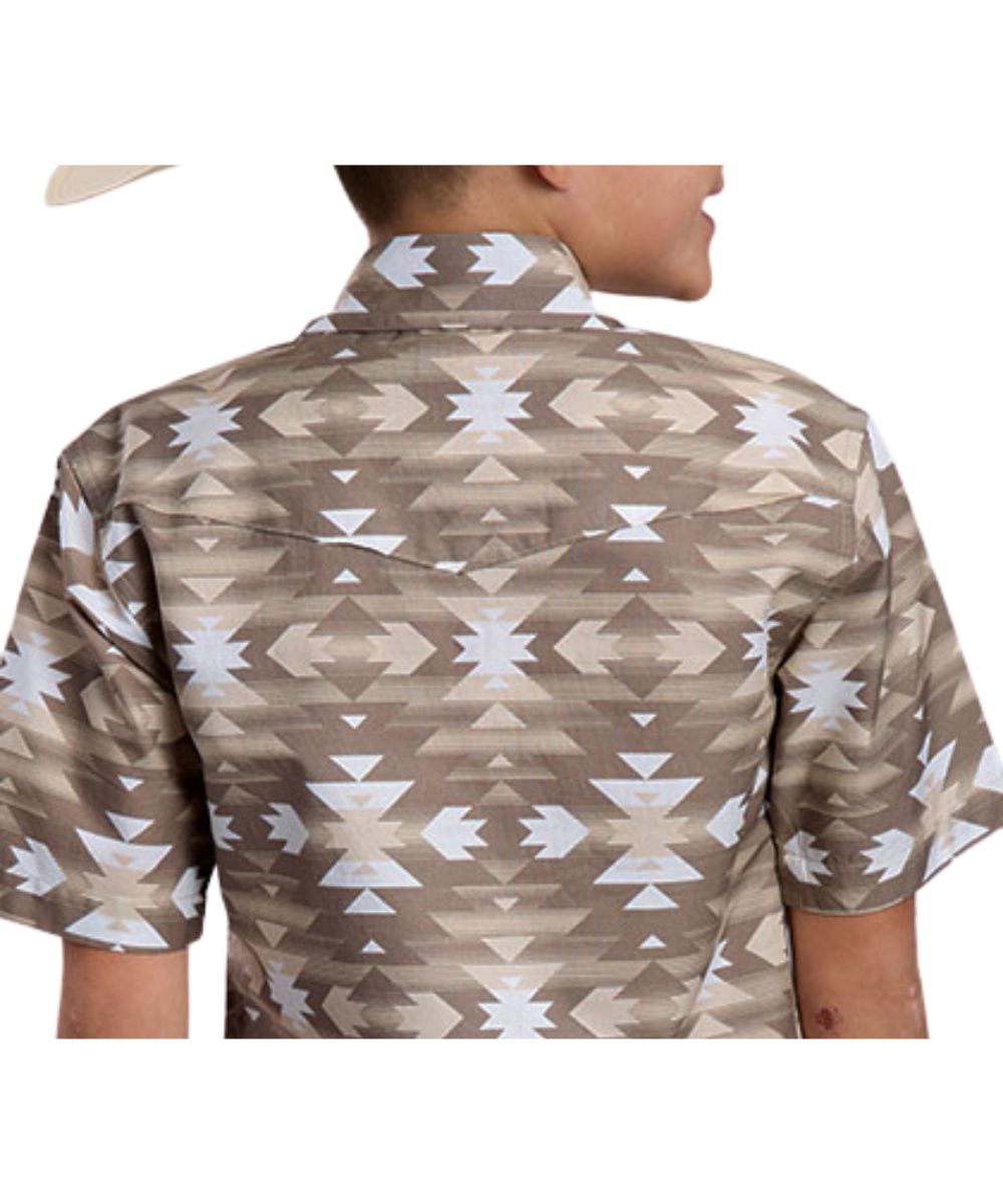 Close-up back view of the boy's brown short sleeve snap shirt featuring the horizontal aztec serape brown print