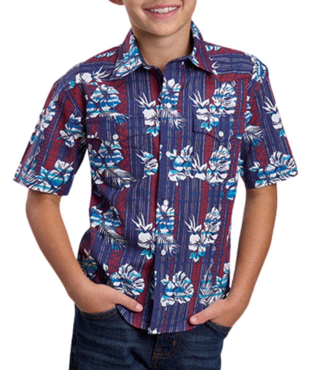 Boy's Blue Short Sleeve Snap Shirt With Tropical Vertical Aztec Stripe Print