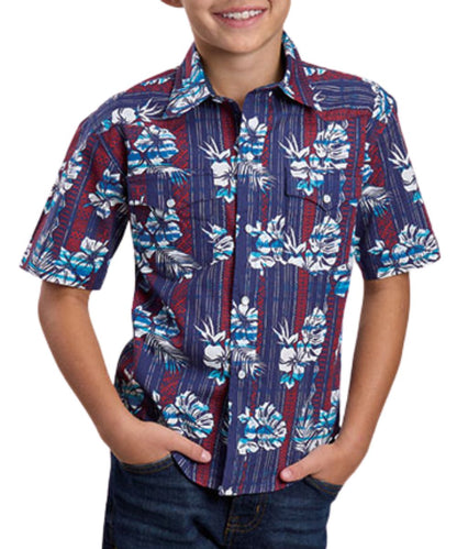 Boy's Blue Short Sleeve Snap Shirt With Tropical Vertical Aztec Stripe Print