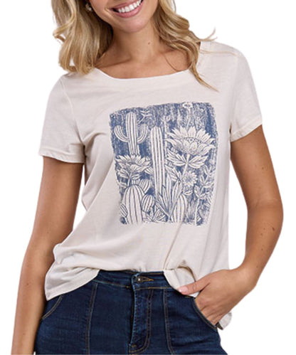 Women's white/cream Roper tee featuring a scoop neckline and blue floral cactus screen print on the front.