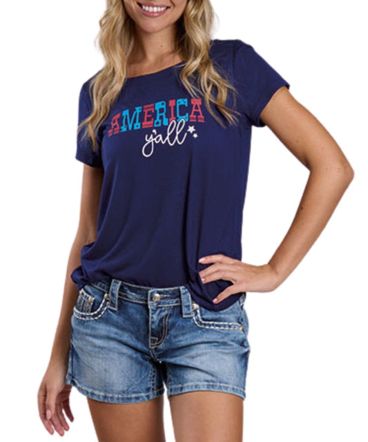 Women's Roper Americana tee in blue featuring a screen-printed decoration that reads: "America Y'all" in red, white, and blue with stars graphic across the chest.