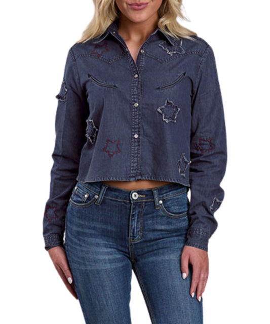 Women's Americana Dark Blue Denim Western Shirt Featuring A Snap Closure And Embroidered Red, White, And Blue Star Appliques