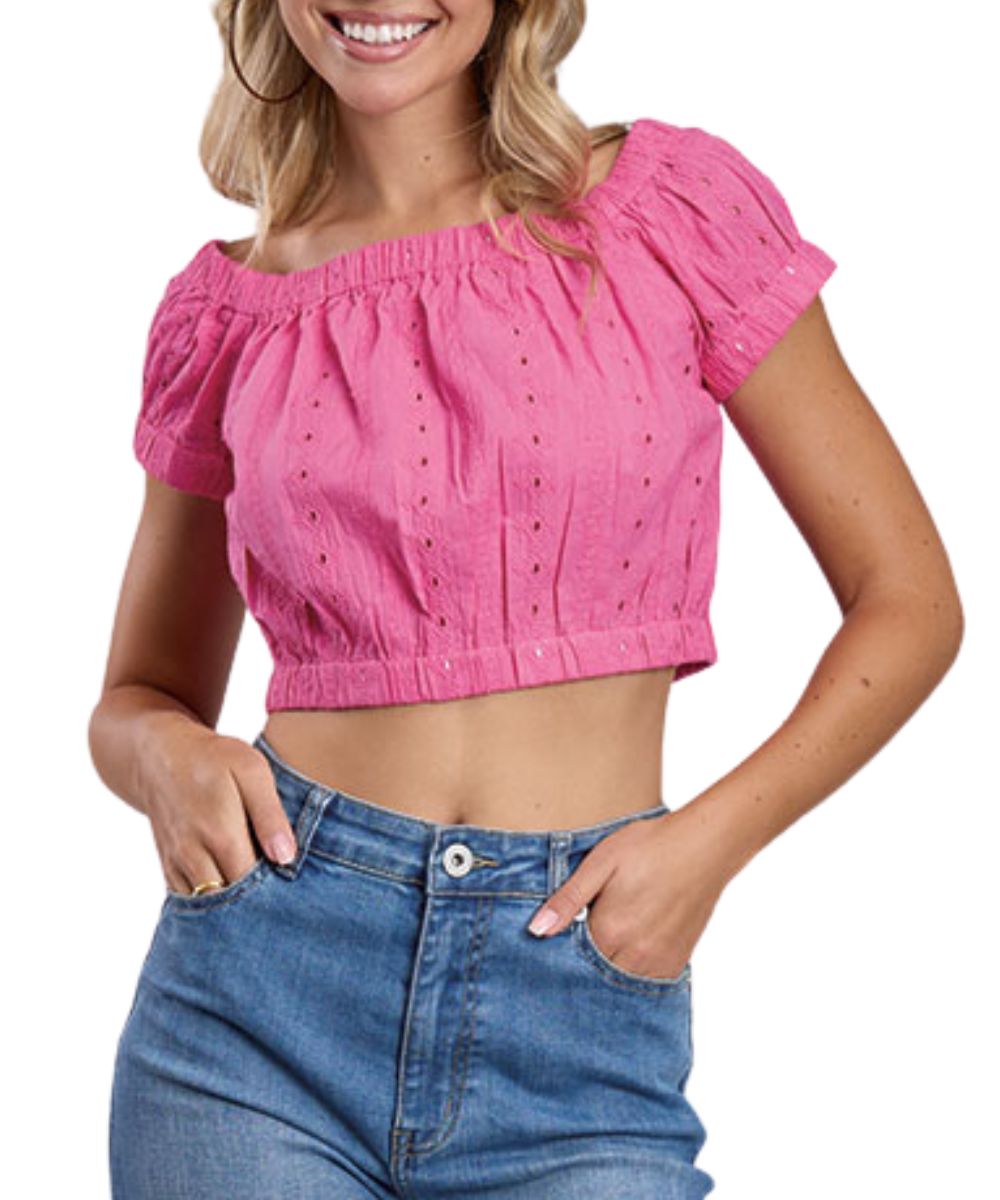 Front view of the women's magenta pink crop top featuring eyelet detailing, a square neckline, and elastic arm and waistbands