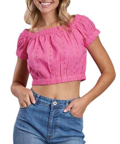 Front view of the women's magenta pink crop top featuring eyelet detailing, a square neckline, and elastic arm and waistbands