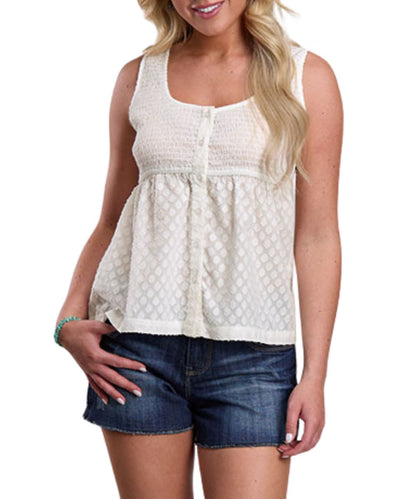 Front view of the women's white cotton babydoll tank top featuring a shirred top, wide shoulder straps, button closure, and gathered empire waist