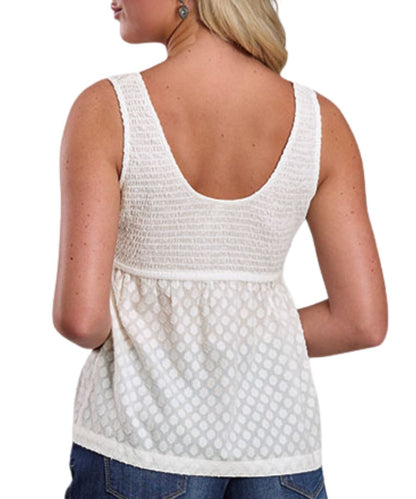 Back view of the women's white babydoll tank top featuring a deep round neckline on the back