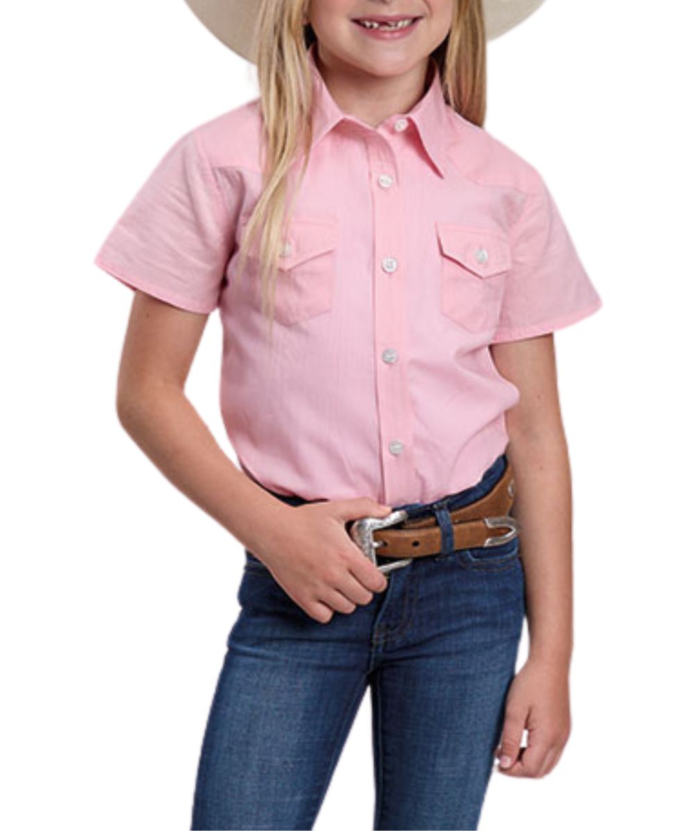 Girl's Short Sleeve Button Down Western Shirt In Solid Pink