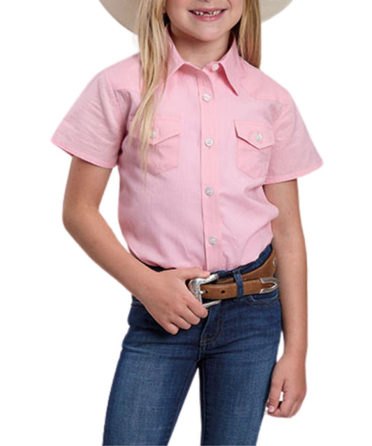Girl's Short Sleeve Button Down Western Shirt In Solid Pink