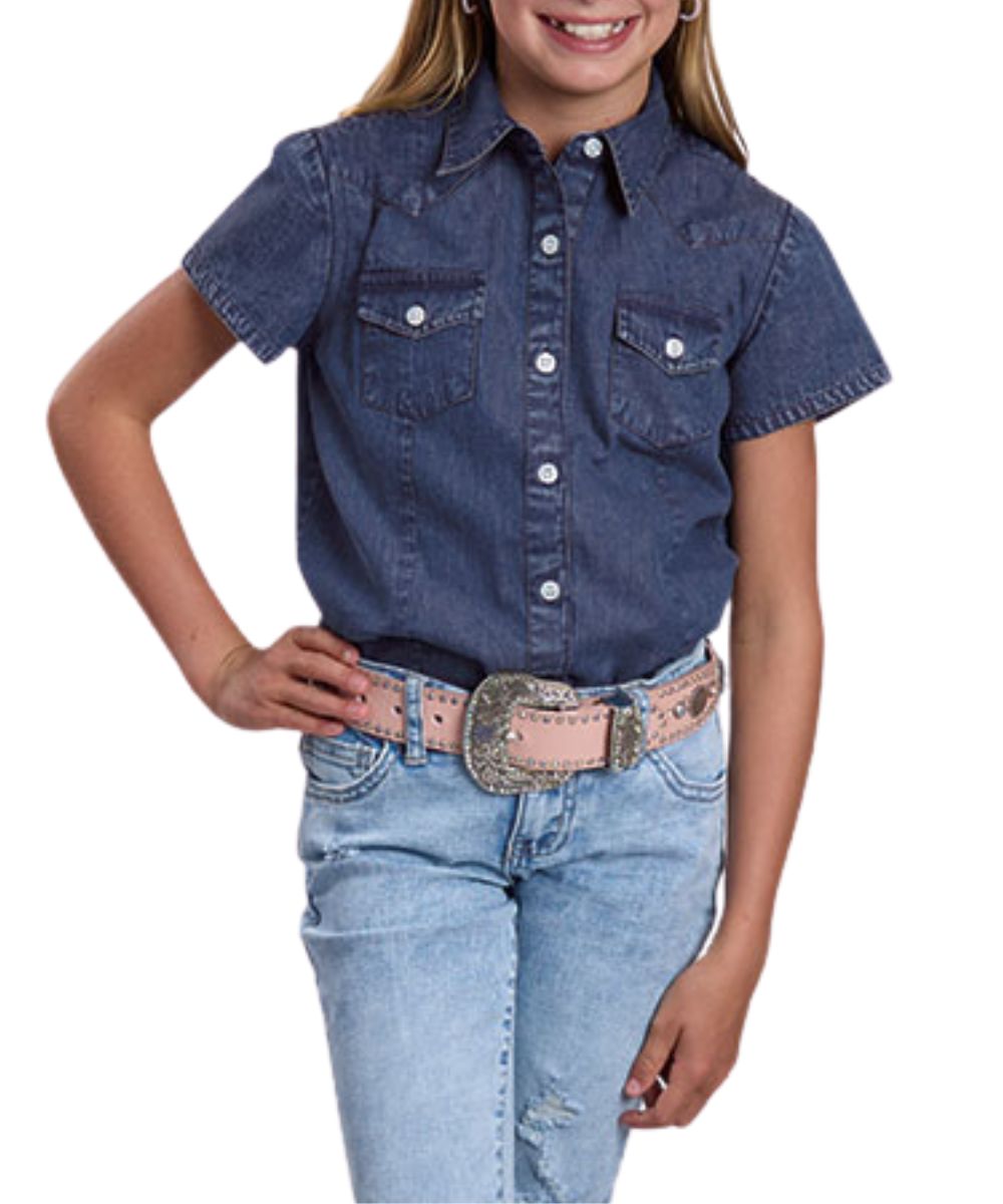 Front view of the girl's short sleeve western button down blouse in dark blue denim