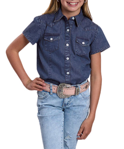Front view of the girl's short sleeve western button down blouse in dark blue denim