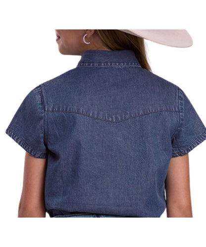 Back view of the girl's short sleeve dark blue denim blouse