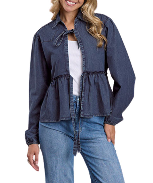Women's Dark Denim Cropped Jacket With Slightly Puffed Sleeves, Peplum Waist, And Front Tie Closure