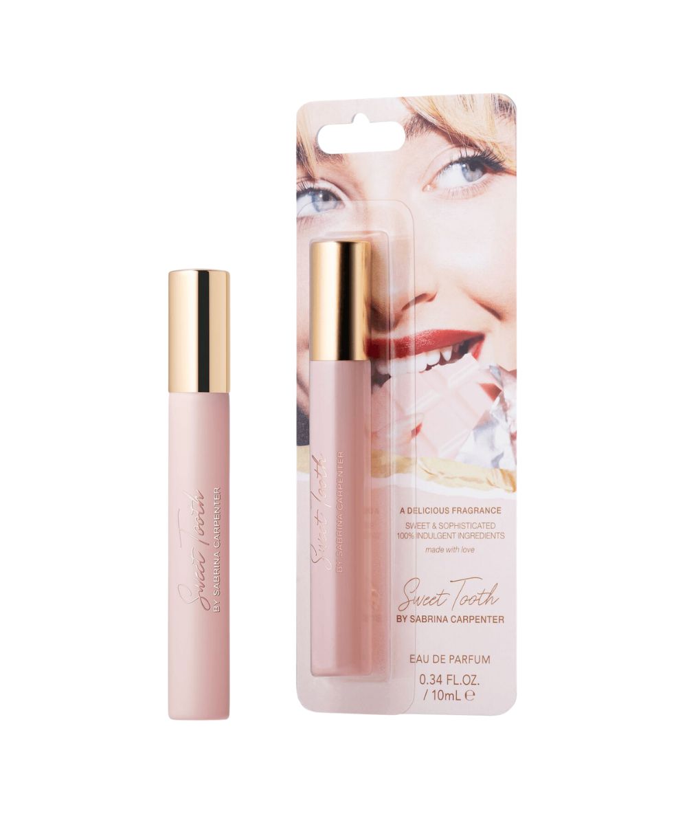Pink perfume bottle with gold cap and packaging with Sabrina Carpenter