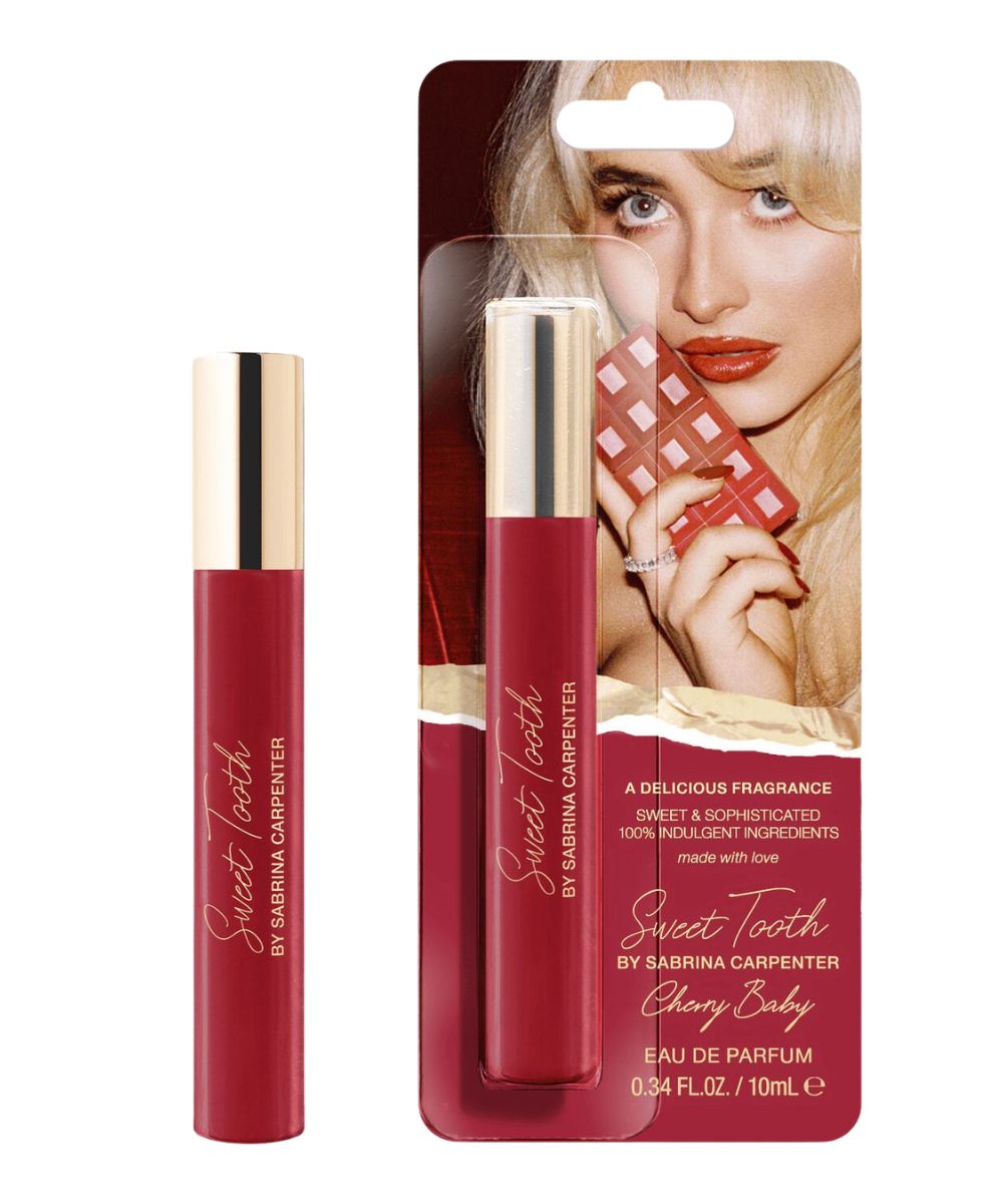 Front view of the women's cherry baby mini travel spray perfume by Sabrina Carpenter's Sweet Tooth collection from Roper in a convenient compact travel size of 10 ml