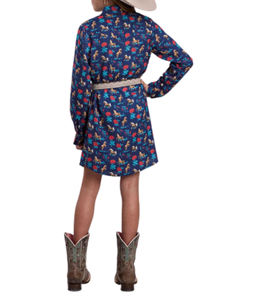 Back view of girl's long sleeve shirt dress in navy blue, featuring horses and roses print all over.